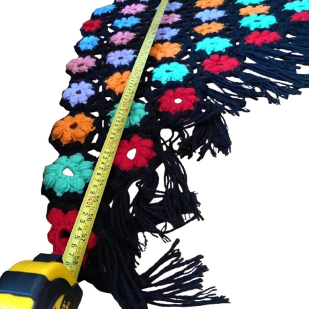 Vintage crochet knit granny flowers floral multicolor wrap scarf shawl w fringe - Picture 12 of 12